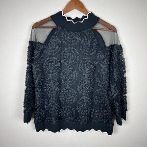 AZI Top Womens Medium Black Sheer Mesh 3/4‎ Sleeve Wearable Art To Wear Unique M